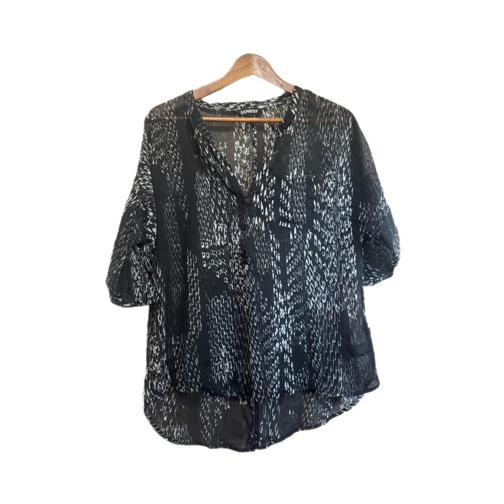 Express Blouse Womens Medium Black White Abstract Sheer Roll Tab Excellent